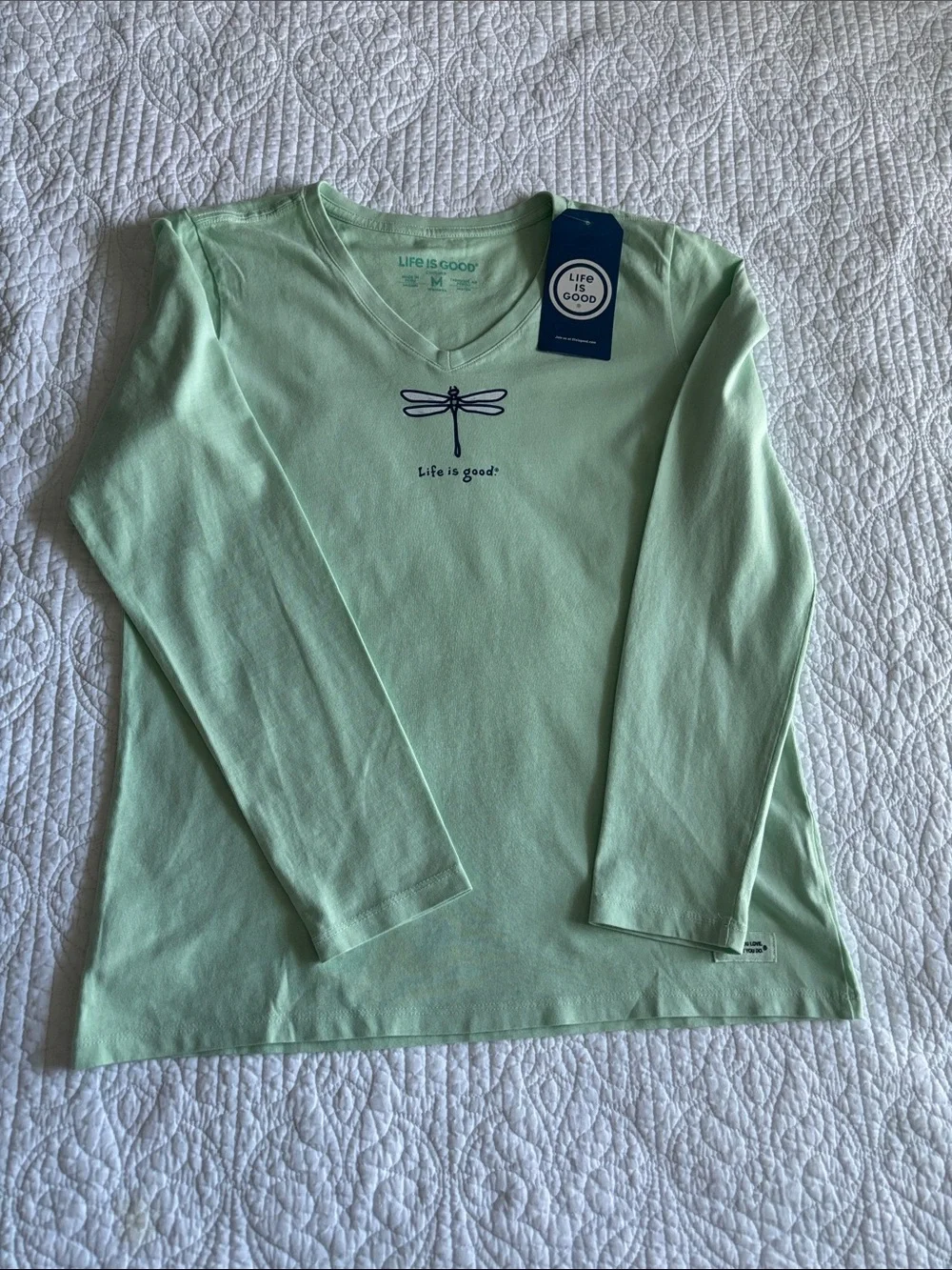 NWT Life Is Good Mint V-Neck Long Sleeve Tee Dragonfly Graphic Size M Women’s - Picture 3 of 10